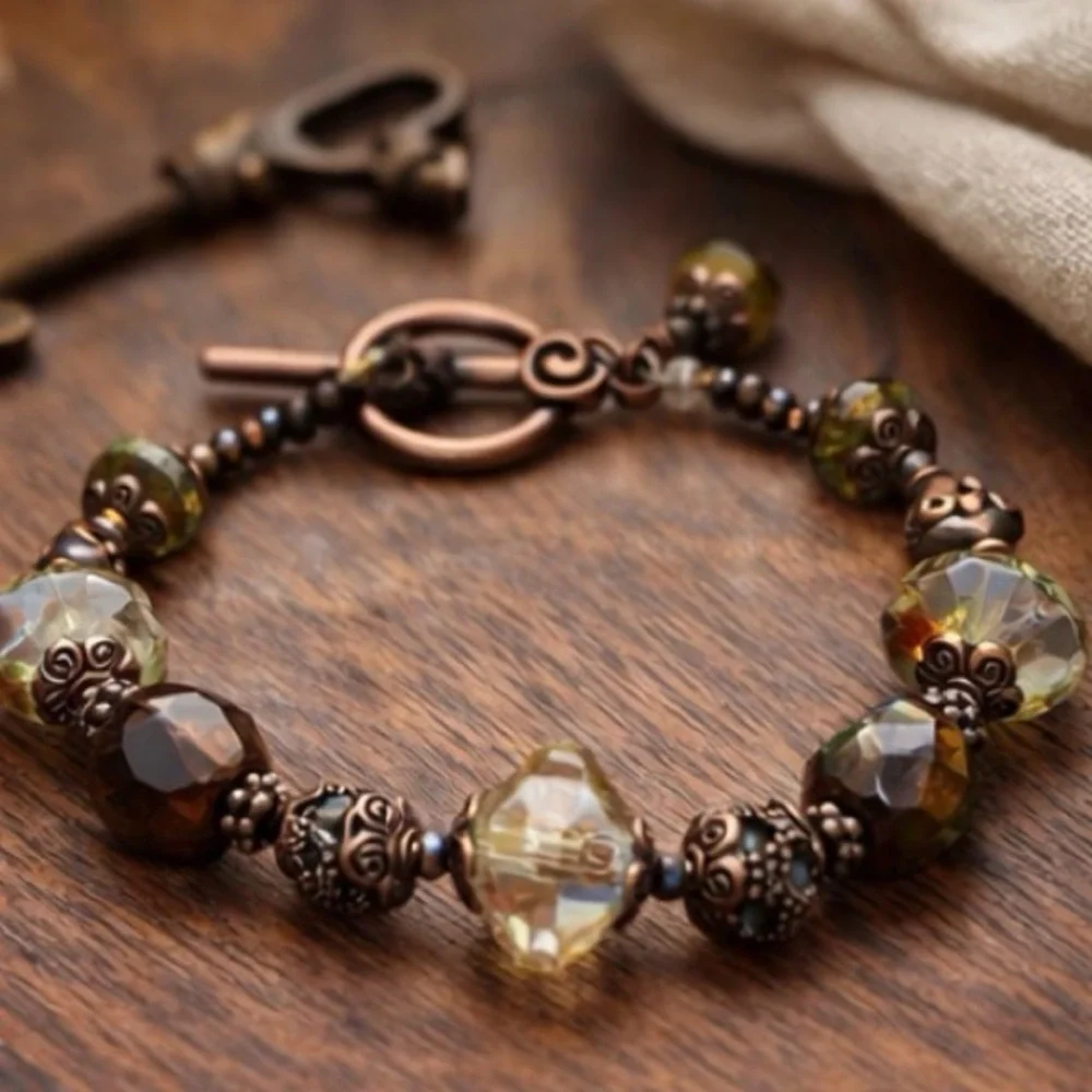 Vintage Glass Crystal Beaded Bracelet Boho Copper Toggle
